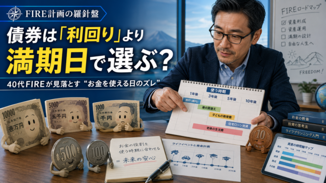 自分の資産であるお金をキャラクター化し、それぞれに予定表を見せながら「いつ使うお金か」を打ち合わせしているメガネのおじさんを描いた、青基調の実写風アイキャッチ。机の上には紙幣や硬貨のキャラクター、使う時期を書いたスケジュール表、資産の時間軸マップが並び、FIREで債券を利回りではなく満期日や使う時期から考える記事内容を表現している。