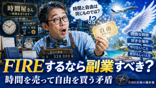 時間屋さんを開いたメガネのおじさんが、「時間を売って利益を得て自由を買う」という発想に取り組むものの、時間と自由は本来同じものではないかと気づいて驚いている、青基調の実写風アイキャッチ。店内には時計や予定表が並び、手には「自由」と書かれたチケットを持ち、FIREのために副業で時間を切り売りする矛盾を表現している。