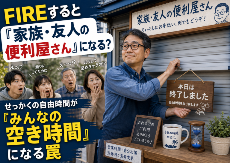 青基調の実写風アイキャッチ。メガネのおじさんが「家族・友人の便利屋さん」と書かれた店のシャッターを閉め、「本日は終了しました」と書かれた札を掲げて店仕舞いしている。店先には「自分の時間、大切に。」と書かれたマグカップや砂時計が置かれ、後ろでは家族や友人らしき人たちが驚いた表情で見つめている。画像には「FIREすると『家族・友人の便利屋さん』になる？」「せっかくの自由時間が『みんなの空き時間』になる罠」といった文字が入り、FIRE後の自由時間が周囲に都合よく使われてしまうテーマを表現している。