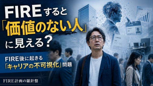 基調の実写風アイキャッチ。人混みの中で、メガネをかけた中年男性が不安そうな表情で立ち尽くしている。背景にはオフィスビルや通行人がぼんやり広がり、男性の背後では、以前の会社員としての姿や名刺、社員証、業績グラフなど“キャリア”を象徴するイメージが霧のように消えていく。画像内には「FIREすると『価値のない人』に見える？」「FIRE後に起きる『キャリアの不可視化』問題」「FIRE計画の羅針盤」といった文字が入り、FIRE後に肩書きやキャリアが見えにくくなる不安を表現している。