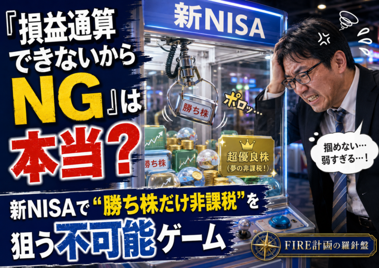 青基調の実写風アイキャッチ。メガネをかけた中年男性が、ゲームセンターの「新NISA」と書かれたクレーンゲーム機の前で頭を抱え、イライラした表情をしている。クレーンの景品には「勝ち株」「超優良株（夢の非課税！）」などと書かれた箱やコイン、株価チャート風のアイテムが並び、アームは弱々しく景品をうまく掴めていない。画像内には「『損益通算できないからNG』は本当？」「新NISAで“勝ち株だけ非課税”を狙う不可能ゲーム」「FIRE計画の羅針盤」といった文字が入り、新NISAで勝ち株だけを選びたい投資家の悩みを表現している。