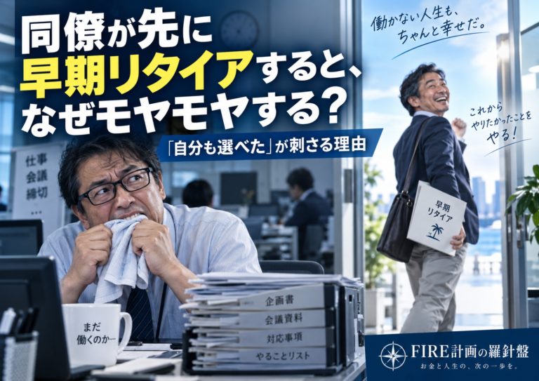 青基調の実写風アイキャッチ。オフィスでメガネをかけた中年男性が、机に座ってハンカチを噛みながら悔しそうに同僚を見つめている。机の上には書類の束や「まだ働くのか…」と書かれたマグカップがあり、会社員生活への疲れがにじむ。画面右側では、別の男性同僚が笑顔でオフィスを後にしており、「早期リタイア」と書かれた書類を手にしている。画像内には「同僚が先に早期リタイアすると、なぜモヤモヤする？」「『自分も選べた』が刺さる理由」「FIRE計画の羅針盤」などの文字が入り、同年代の同僚が先に会社を辞めることで生まれる嫉妬や焦りを表現している。