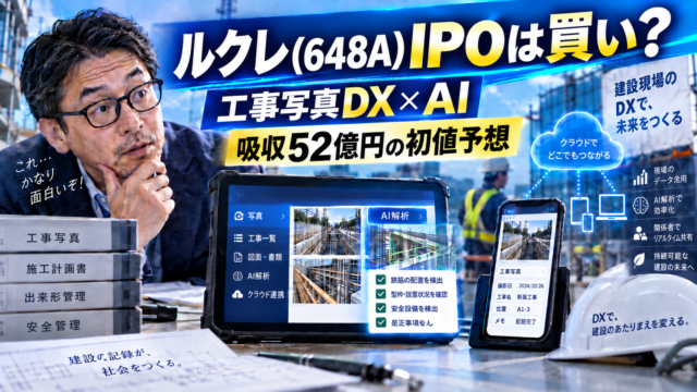 青基調の実写風アイキャッチ。建設現場を背景に、メガネをかけた中年男性が、工事写真のデジタル管理やAI分析、クラウド連携を示すタブレットとスマートフォンの画面を興味深そうに見つめている。机の上には工事写真、施工計画書、出来形管理、安全管理などの資料や設計図、ヘルメットが置かれ、建設現場の記録業務を連想させる。画面内にはAI解析やクラウド接続を示すイメージが表示されており、建設DXとAI活用を表現している。画像上部には「ルクレ（648A）IPOは買い？」、中央には「工事写真DX×AI」「吸収52億円の初値予想」などの文字が入り、ルクレのIPOをテーマにした記事であることが分かる。
