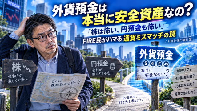 青基調の実写風アイキャッチ。株式投資と円預金のどちらにも不安を感じて迷走したメガネ姿の中年男性が、地図を手に「外貨預金」と書かれた分岐点へたどり着き、「本当に安全資産なのか」「為替リスクや落とし穴はないのか」と疑いながら立ち止まっている。周囲には「株」「円預金」「外貨預金」の案内板や為替・金利を連想させる表示があり、FIRE民が外貨預金を安全資産として選ぶ際の“通貨ミスマッチ”への迷いを表現。画像上部には「外貨預金は本当に安全資産なの？」、中央付近には「『株は怖い、円預金も怖い』」「FIRE民がハマる 通貨ミスマッチの罠」の文字が入っている。