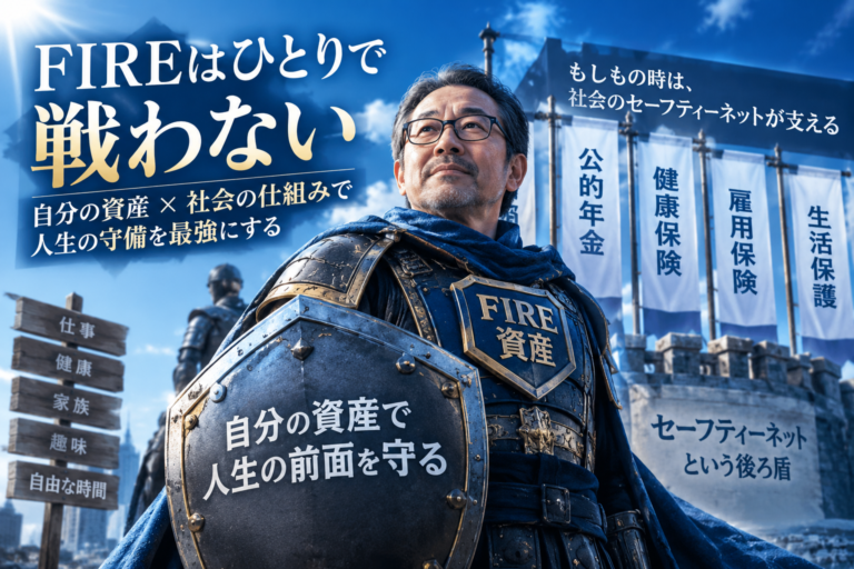 青基調の実写風アイキャッチ。鎧とマントをまとったメガネのおじさん将軍が、前面は「FIRE資産」の盾で守り、背後では年金や健康保険などのセーフティネットが支える布陣を背景に、人生の守りを固める様子を描いている。