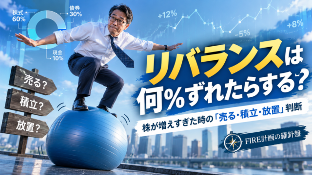 青基調の実写風アイキャッチ。メガネの中年男性がバランスボールの上で姿勢を保ち、「リバランスは何％ずれたらする？」と株が増えすぎた時の売却・積立・放置の判断を表現している。