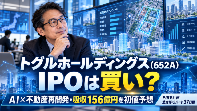 青基調の実写風アイキャッチ。メガネの中年男性がAIや地図データを使った不動産再開発の画面を興味深く見つめ、「トグルホールディングス（652A）IPOは買い？」と吸収156億円の初値予想を表現している。