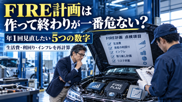 青を基調にした実写風のアイキャッチ画像。整備工場のような空間で、ボンネットを開けた車を点検する整備士と、その様子を腕組みしながら真剣に見つめるメガネの中年男性が描かれている。車の内部やボンネット裏には、FIRE計画の点検項目を示すチェックリストやグラフのイメージが表示され、資産計画を定期点検する様子を車検になぞらえて表現。画像上部には「FIRE計画は作って終わりが一番危ない？」、中央には「年1回見直したい 5つの数字」、下部には「生活費・利回り・インフレを再計算」と大きく配置されている。