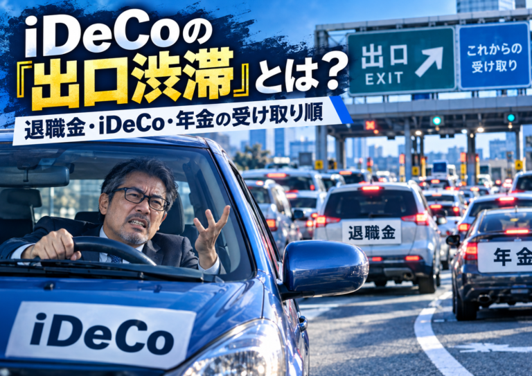 青基調の実写風アイキャッチ。iDeCoと書かれた車に乗るメガネの中年男性が、退職金や年金の車で出口が渋滞する中、いら立つ様子を描いた画像。