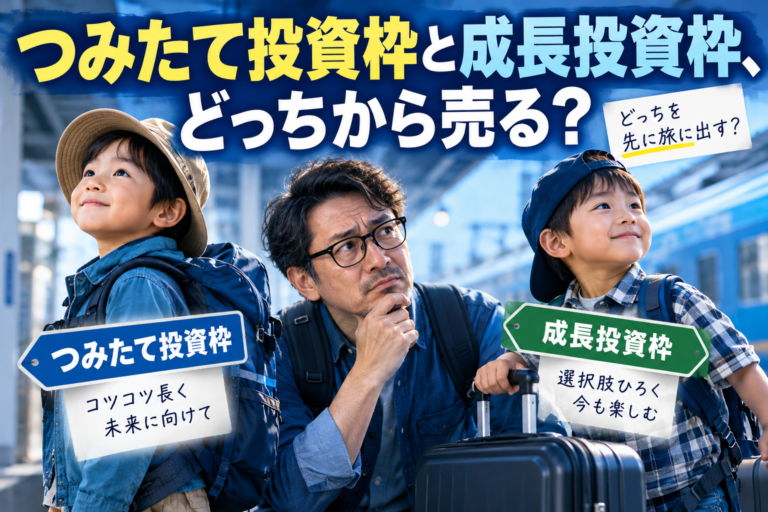つみたて投資枠と成長投資枠を二人の息子に見立て、どちらを先に旅立たせるか悩むメガネの父親。NISAの取り崩し順や売却判断を40代FIRE目線で考える記事のイメージ