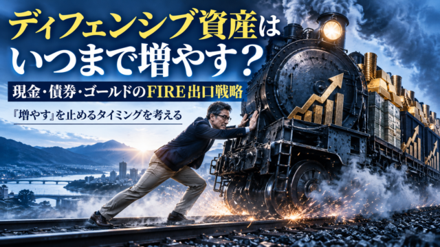 青を基調にした実写風のアイキャッチ画像。煙と火花を上げながら突進しようとする黒い蒸気機関車を、メガネをかけた中年男性が必死の表情で両手を突き出して食い止めている。機関車には右肩上がりの矢印や金貨、札束、金塊のイメージが積まれ、「増やす」という気持ちが暴走している様子を表現。左側には「ディフェンシブ資産は いつまで増やす？」、その下に「現金・債券・ゴールドのFIRE出口戦略」「『増やす』を止めるタイミングを考える」と大きく配置されている。
