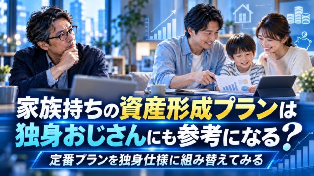 青基調の室内で、家族が資料やタブレットを見ながら資産形成プランを相談する様子を、メガネの独身中年男性が少し離れた位置から思案顔で見つめている実写風アイキャッチ。家族向けの定番資産形成を独身仕様に組み替える記事テーマを、大きなタイトル文字で表現している。
