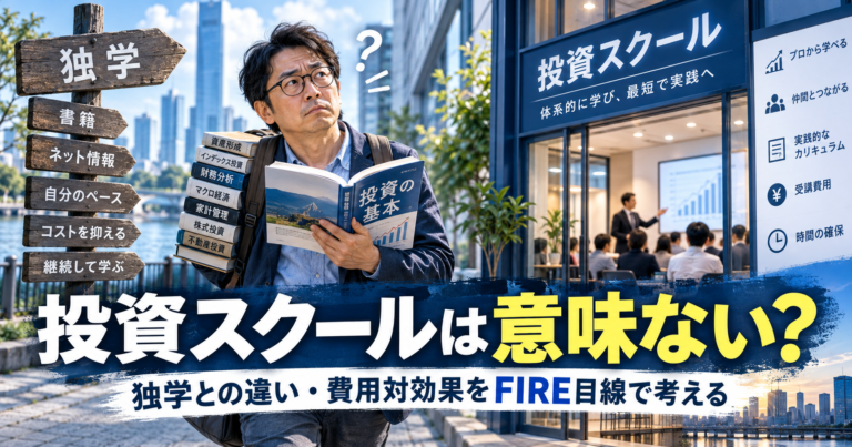 青基調の街角で、本を抱えたメガネの中年男性が投資スクールの建物を見つめ、独学で学ぶか有料スクールに通うかを迷いながら、費用対効果を考えている実写風アイキャッチ画像