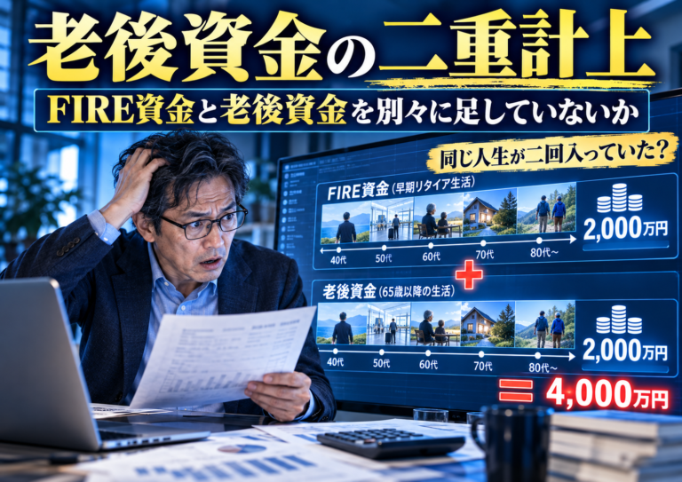 青を基調にした実写風のアイキャッチ画像。書類を手にしたメガネの中年男性が、FIRE資産の資料を見ながら驚いた表情で頭を抱えている。背後の大型モニターには、FIRE資金と老後資金のタイムラインがほぼ同じ内容で並び、「2,000万円＋2,000万円＝4,000万円」と表示されており、同じ人生を二重に計上しているイメージを視覚的に表現している。画面上部には「老後資金の二重計上」「FIRE資金と老後資金を別々に足していないか」、右上には「同じ人生が二回入っていた？」という文字が大きく配置されている。