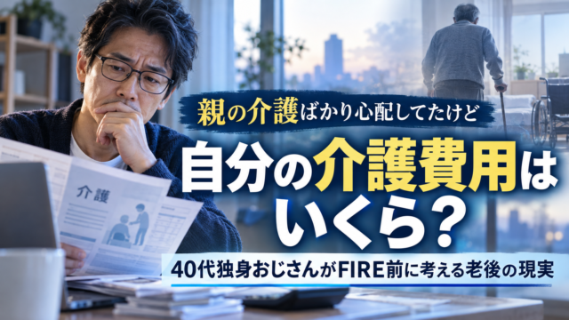 自分の介護費用を考える40代独身男性のアイキャッチ画像。親の介護を心配しながら、自分の介護費用はいくら必要かを考えるテーマを表現している。